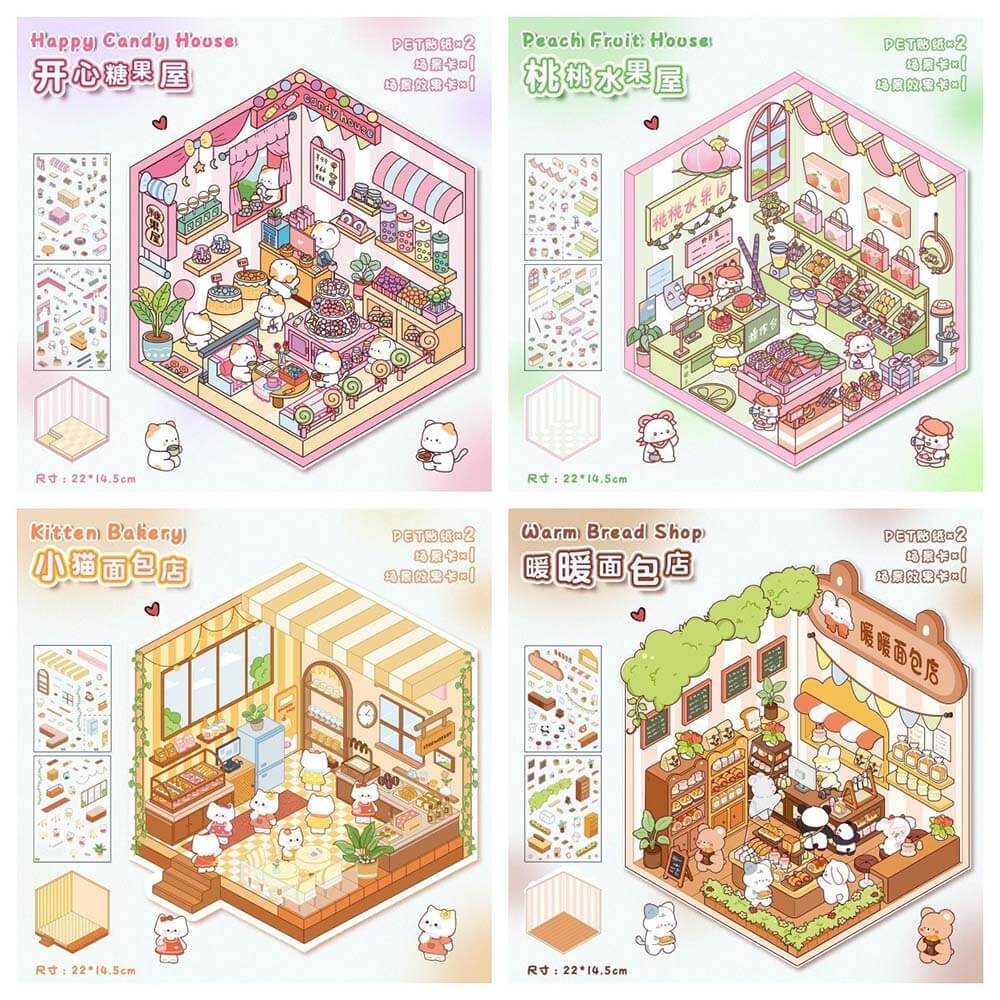 Fluffy Sweet Haven DIY 3D Scene Stickers 4 Cute Miniature Scenes