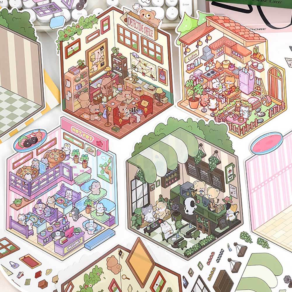 Furry Friends’ Town DIY 3D Scene Stickers Lovely Miniature Scenes