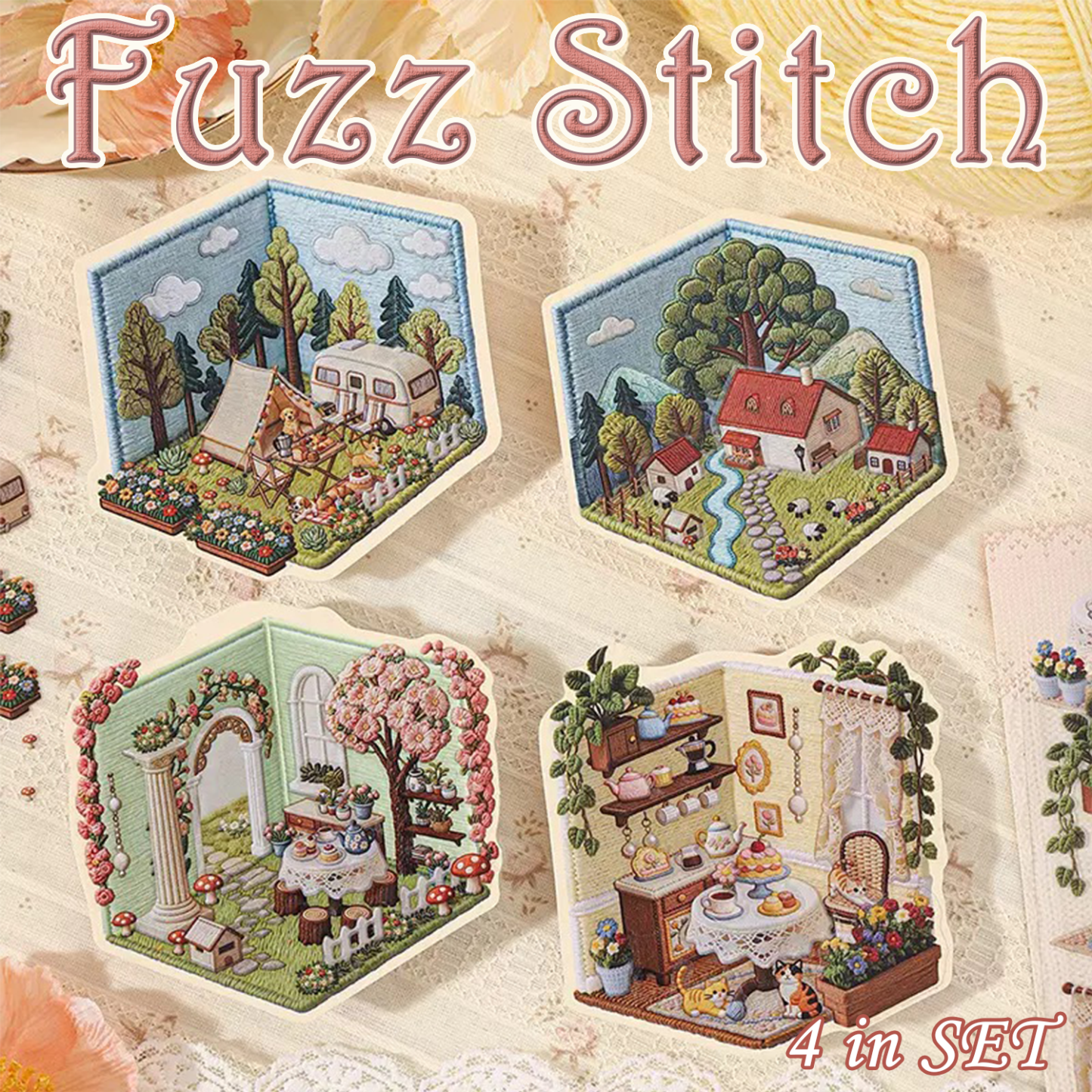 Fuzz Stitch DIY 3D Scene Stickers - 4 Cute Miniature Scenes
