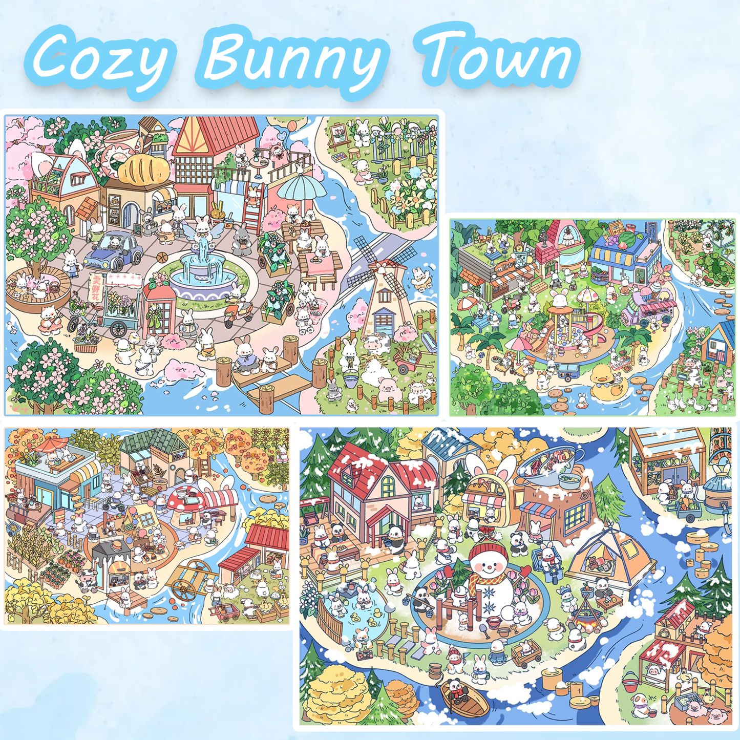 Cozy Bunny Town DIY 3D Scene Stickers - 4 Miniature Scenes