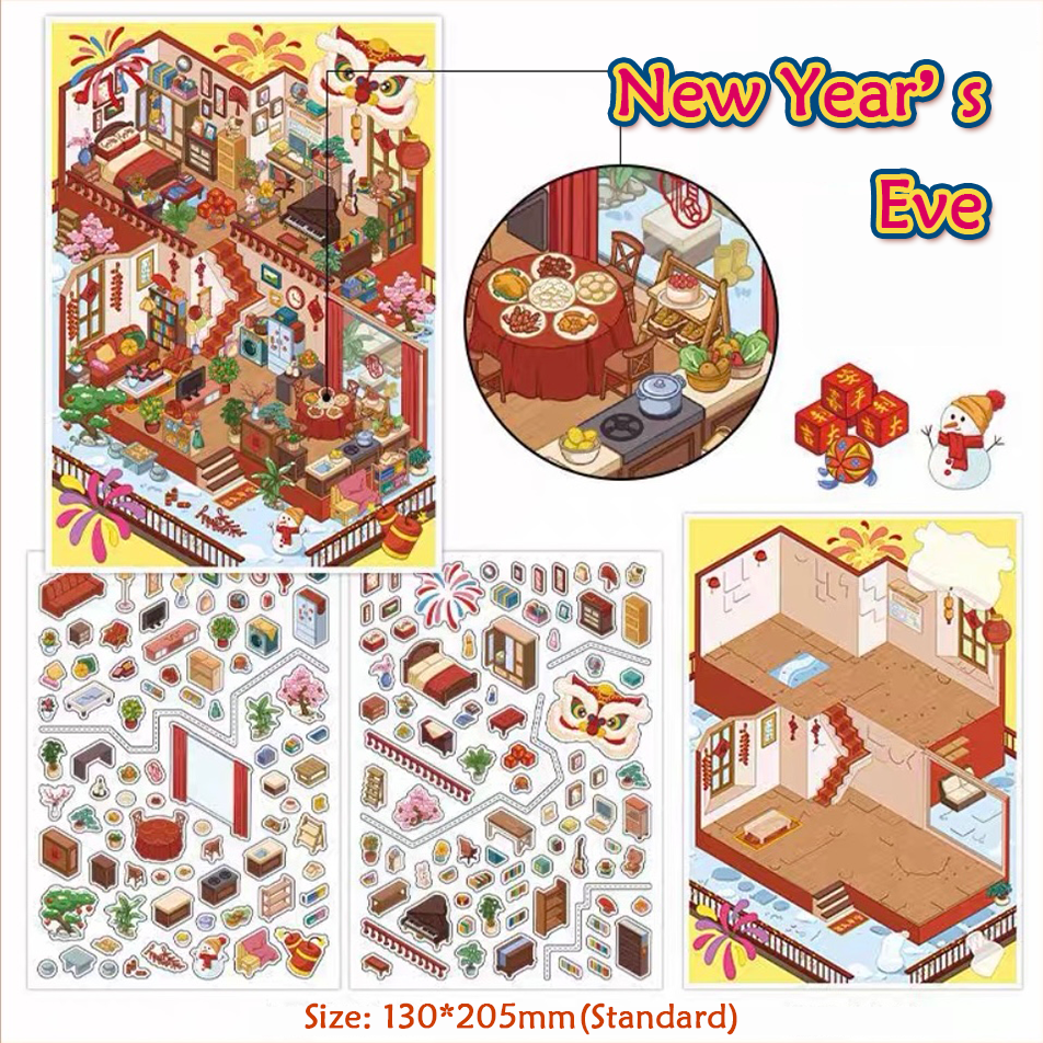 Happy New Year DIY 3D Sticker Collection - 4 Cute Miniature Scene