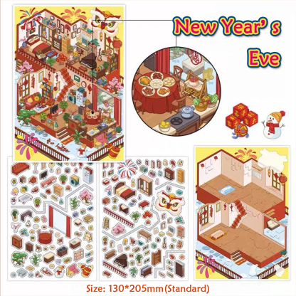 Happy New Year DIY 3D Sticker Collection - 4 Cute Miniature Scene