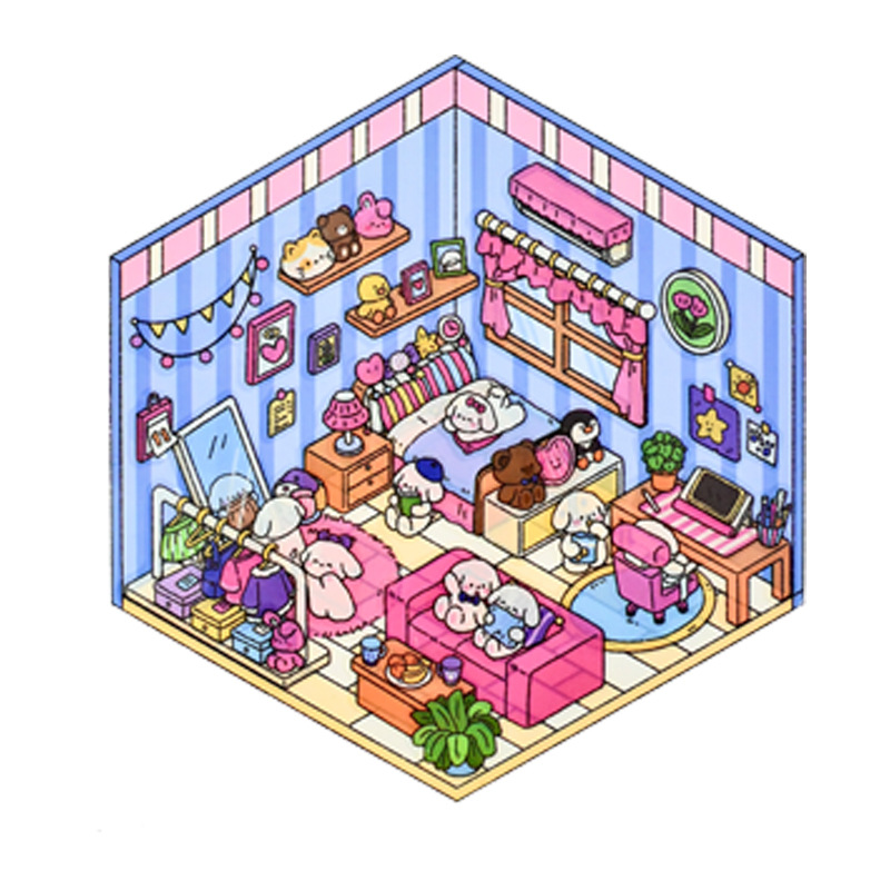 Puppy bedroom & Meow ice cream shop DIY 3D Sticker Collection - 2 Cute Miniature Scenes