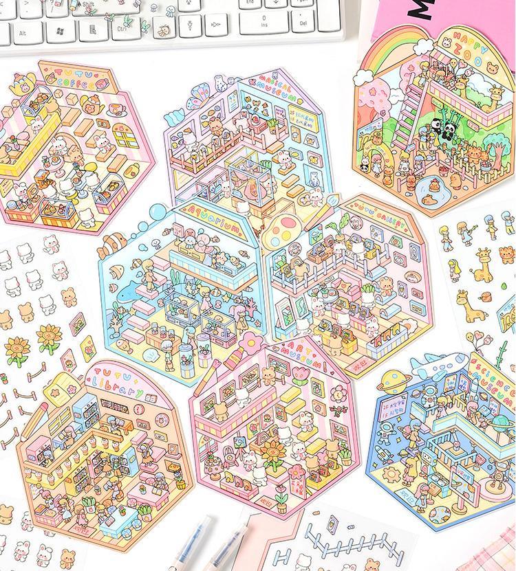 Popular Venues DIY 3D Sticker Collection - 8 Cute Miniature Scenes