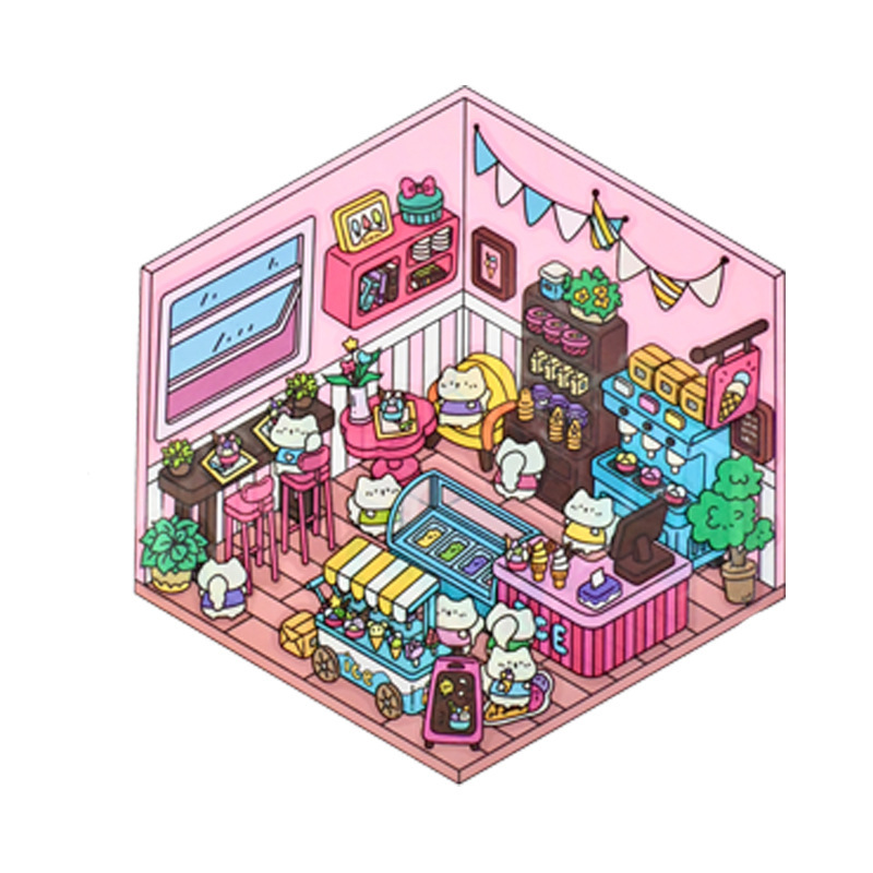 Puppy bedroom & Meow ice cream shop DIY 3D Sticker Collection - 2 Cute Miniature Scenes