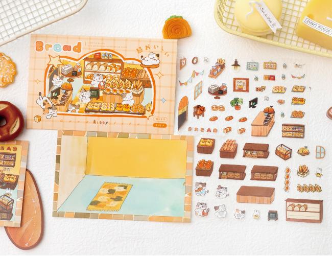 Kitty Bakery Workshop DIY 3D Sticker Collection - 4 Cute Miniature Scenes