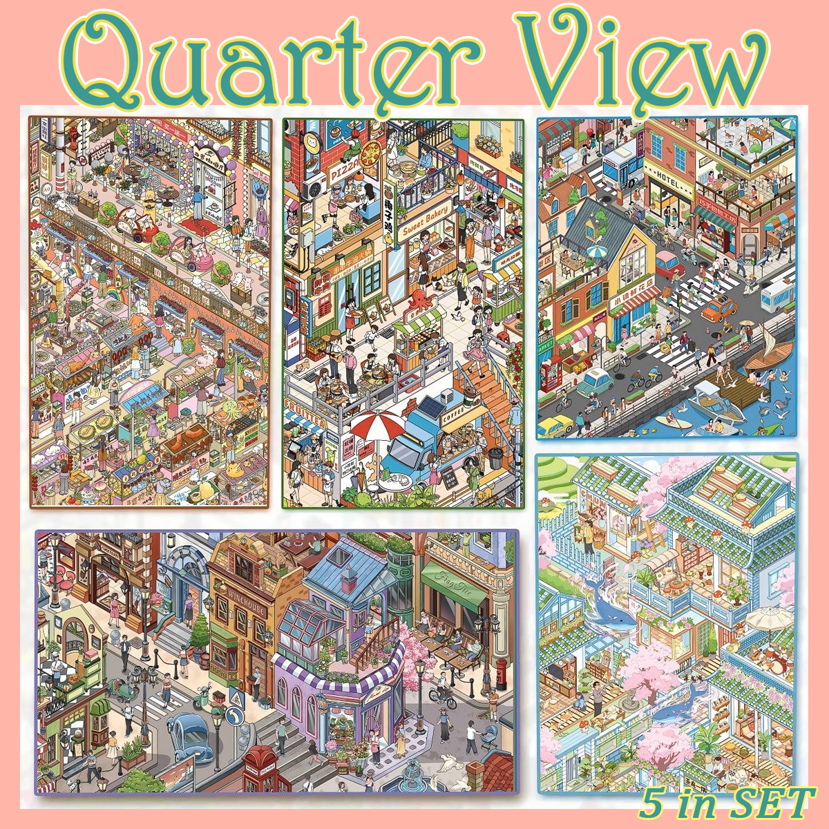 Quarter View DIY 3D Scene Stickers Collection - 5 Cute Miniature Scenes