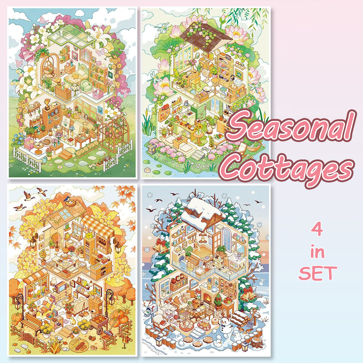 Seasonal Cottages DIY 3D Scene Stickers Collection - 4 Cute Miniature Scenes