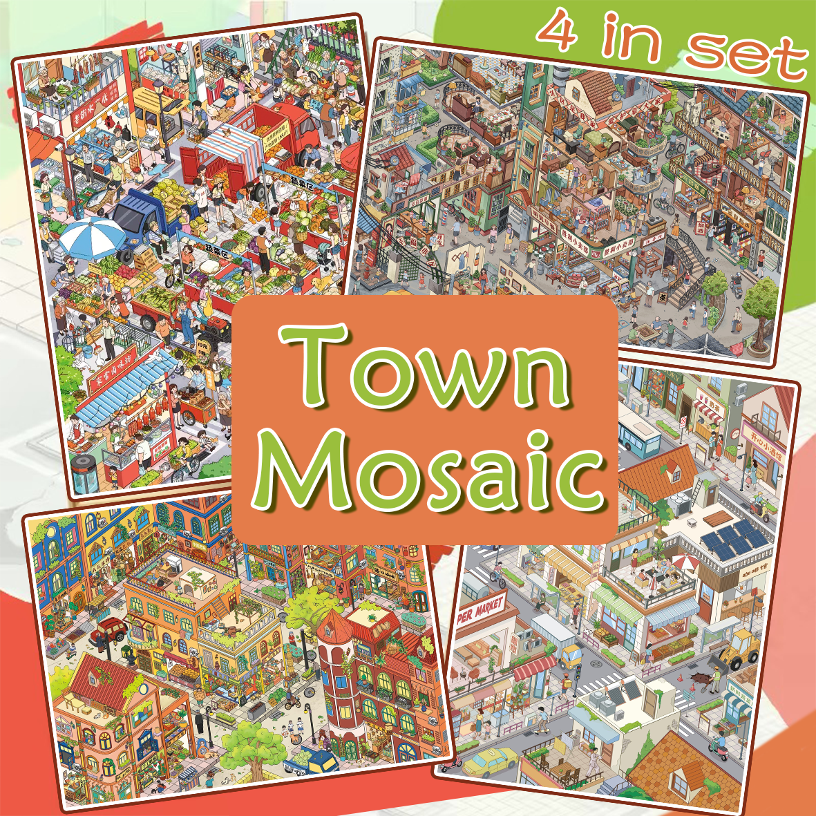 Town Mosaic DIY 3D Scene Stickers Collection - 4 Cute Miniature Scenes