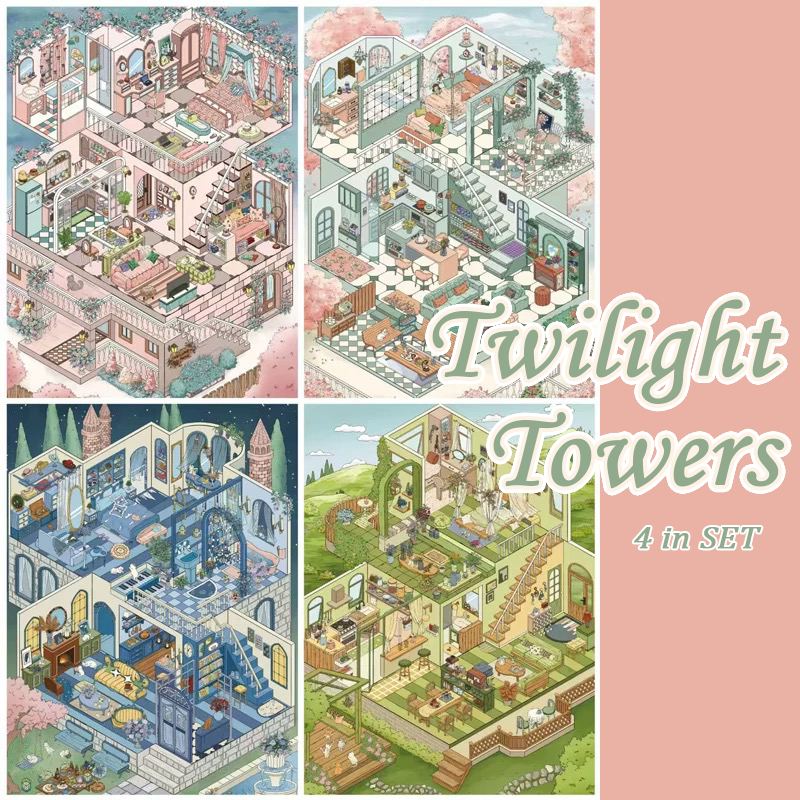 Twilight Towers DIY 3D Scene Stickers - 4 Cute Miniature Scenes