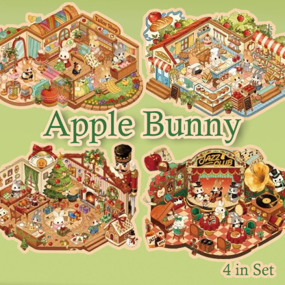 Apple Bunny DIY 3D Sticker Collection - 4 Cute Miniature Scenes