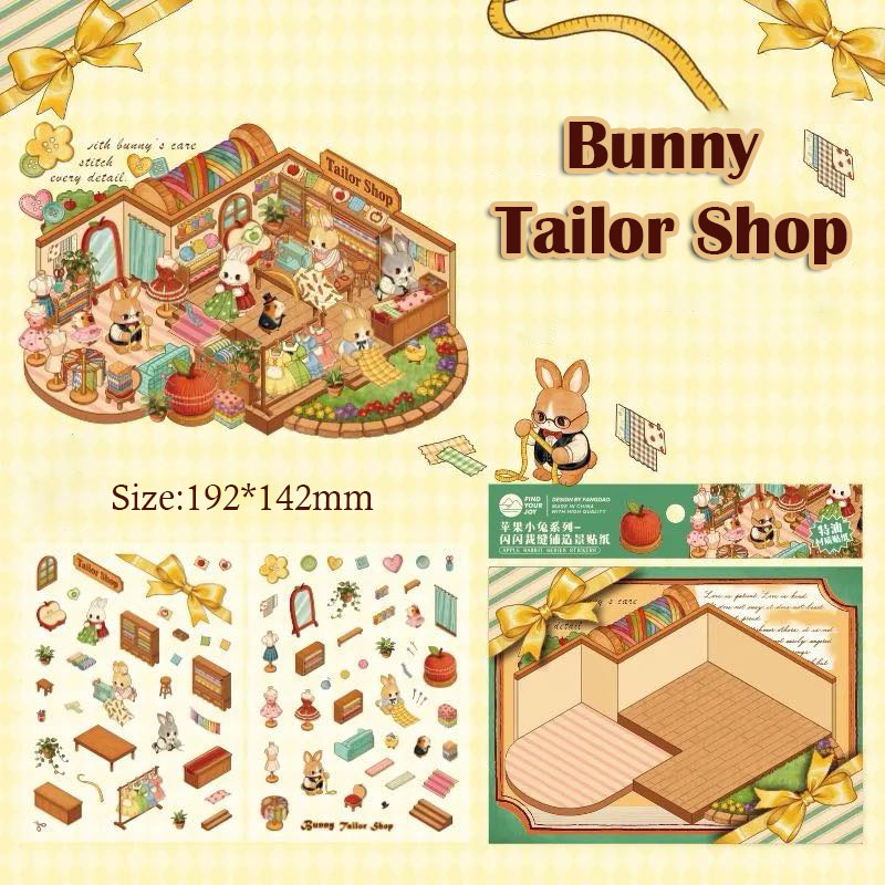 Apple Bunny DIY 3D Sticker Collection - 4 Cute Miniature Scenes