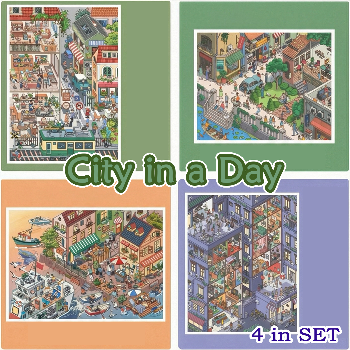 City in a Day DIY 3D Sticker Collection - 4 Cute Miniature Scene