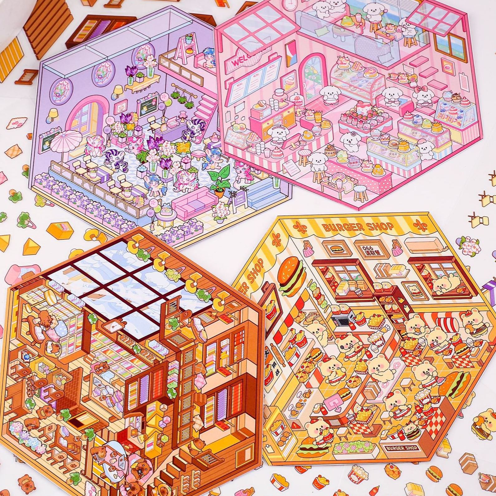 Cozy Critter Shops DIY 3D Sticker Collection 4 Cute Miniature Scenes