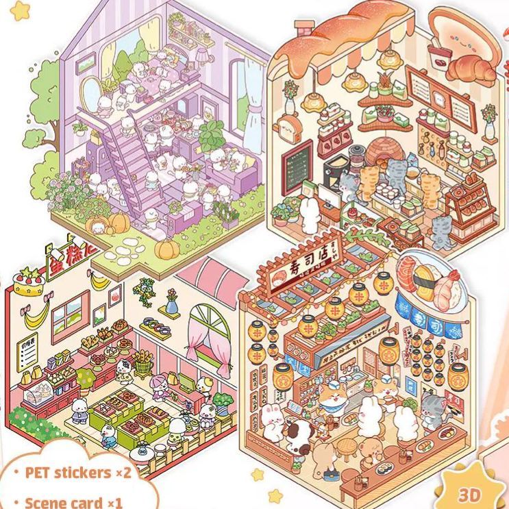 Critter Shop DIY 3D Scene Stickers 4 Cute Miniature Scenes