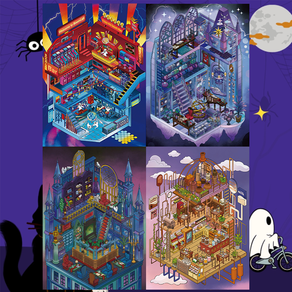 City's Folded Mysteries DIY 3D Scene Stickers - 4 Halloween Miniature Scenes