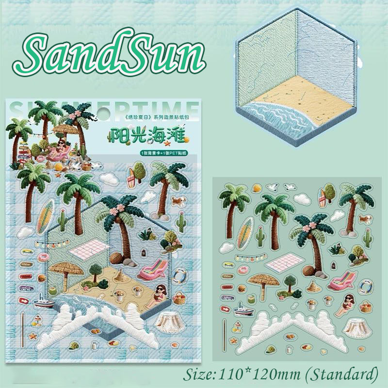 Stitched Summer DIY 3D Scene Stickers Collection - 4 Cute Miniature Scenes