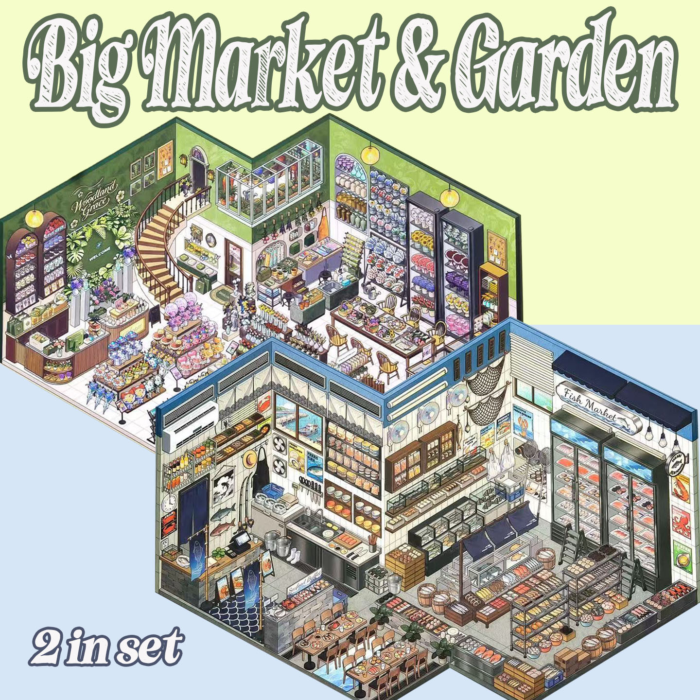 Big Market & Garden DIY 3D Scene Stickers Collection - 2 Cute Miniature Scenes