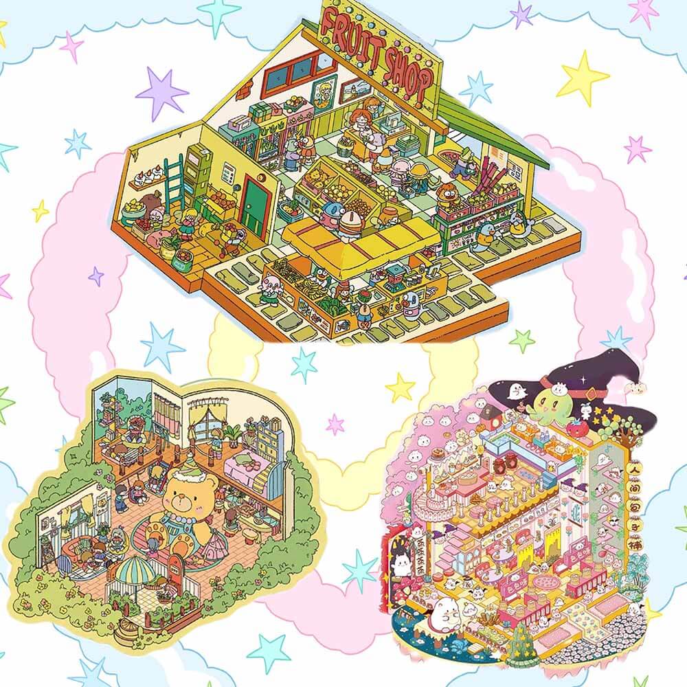 Springtime Bear Cottage DIY 3D Scene Stickers 3 Lovely Miniature Scenes