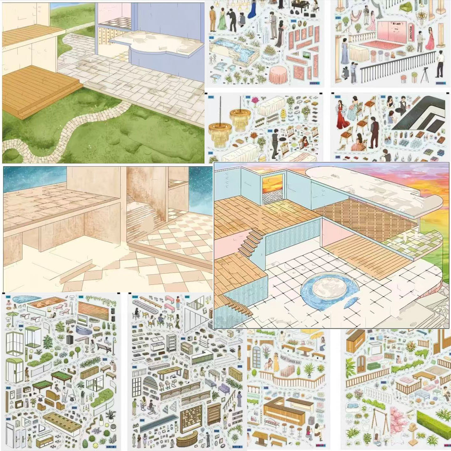 Social Towns DIY 3D Scene Stickers Collection - 3 Cute Miniature Scenes