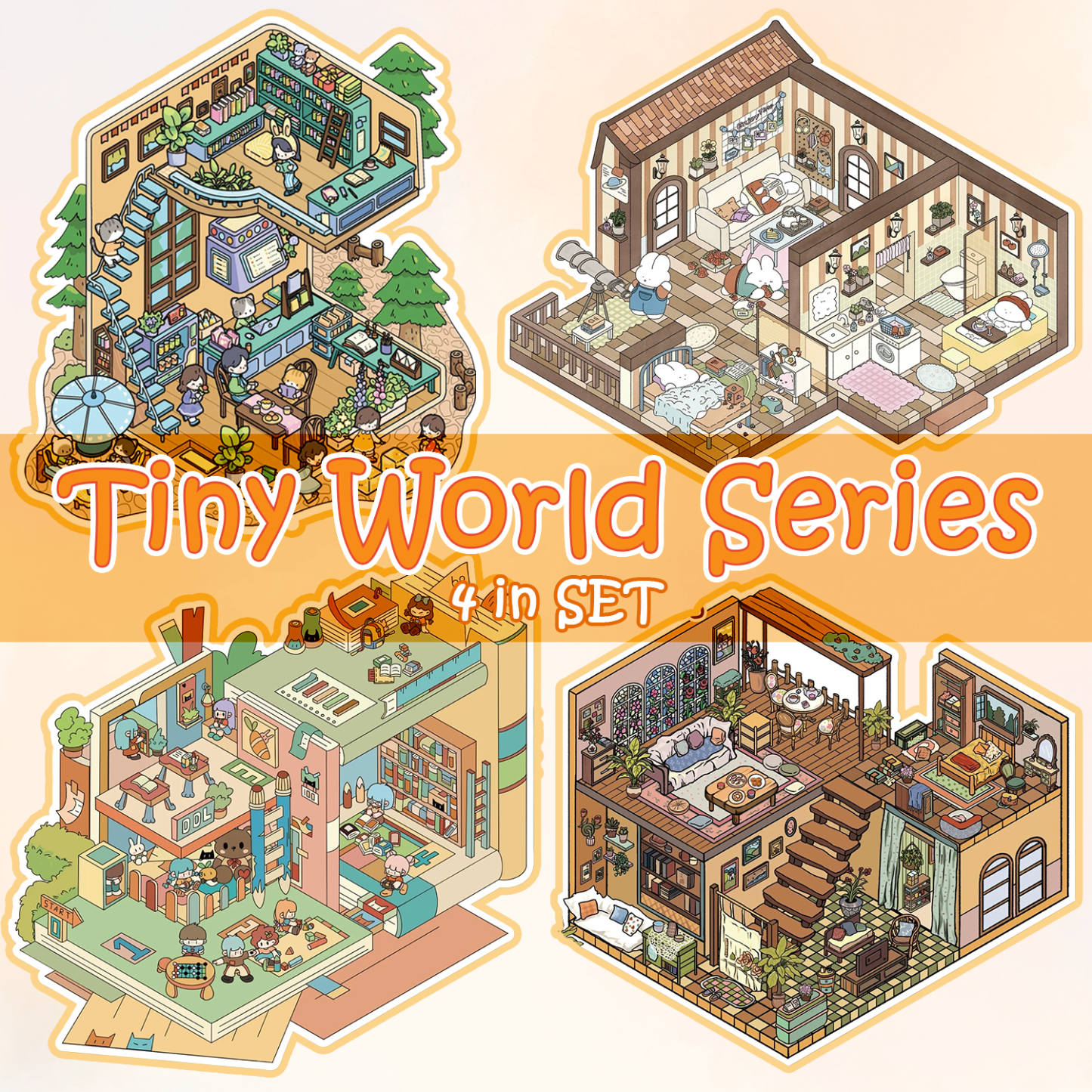 Tiny World Series DIY 3D Sticker Collection - 4 Cute Miniature Scenes