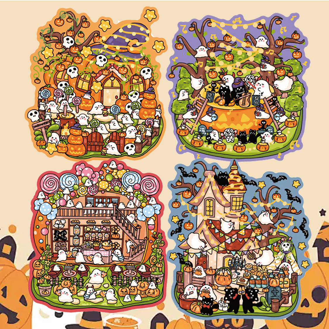 Halloween Gathering DIY 3D Sticker Collection - 4 Cute Miniature Scenes