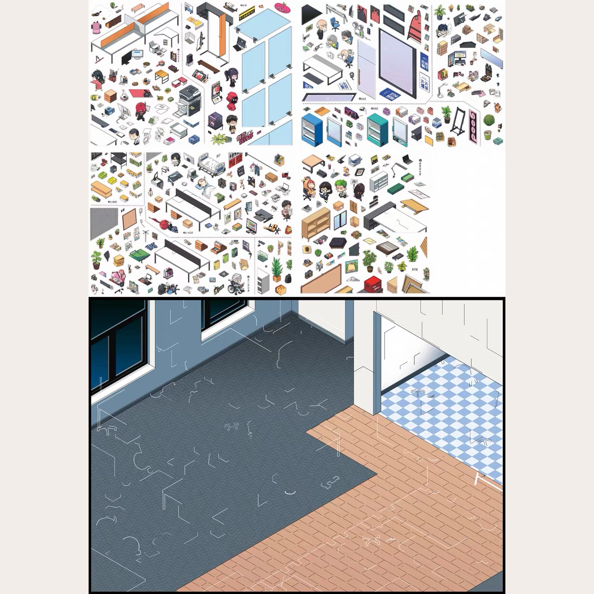 Micro Office DIY 3D Sticker Collection - 3 Cute Miniature Scenes
