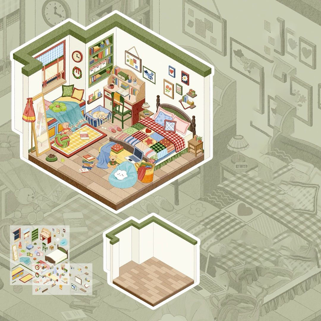 Me-Time Haven DIY 3D Sticker Collection - 4 Cute Miniature Scenes