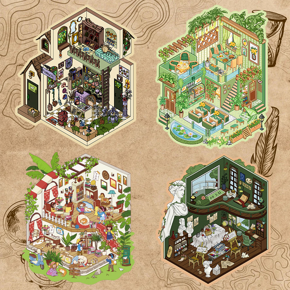 Happy Life DIY 3D Sticker Collection - 4 Cute Miniature Scenes