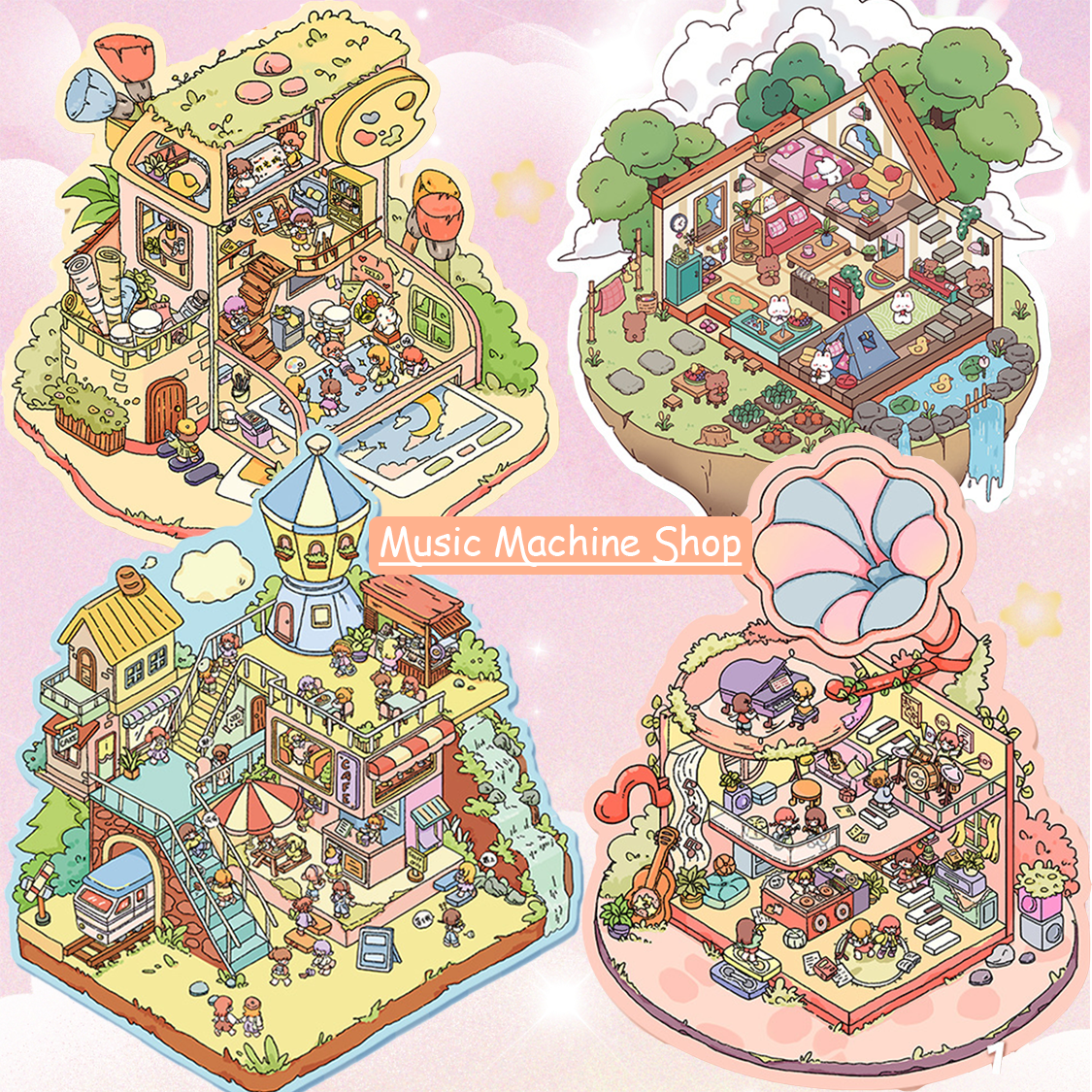 Music Machine Shop DIY 3D Scene Stickers - 4 Cute Miniature Scenes