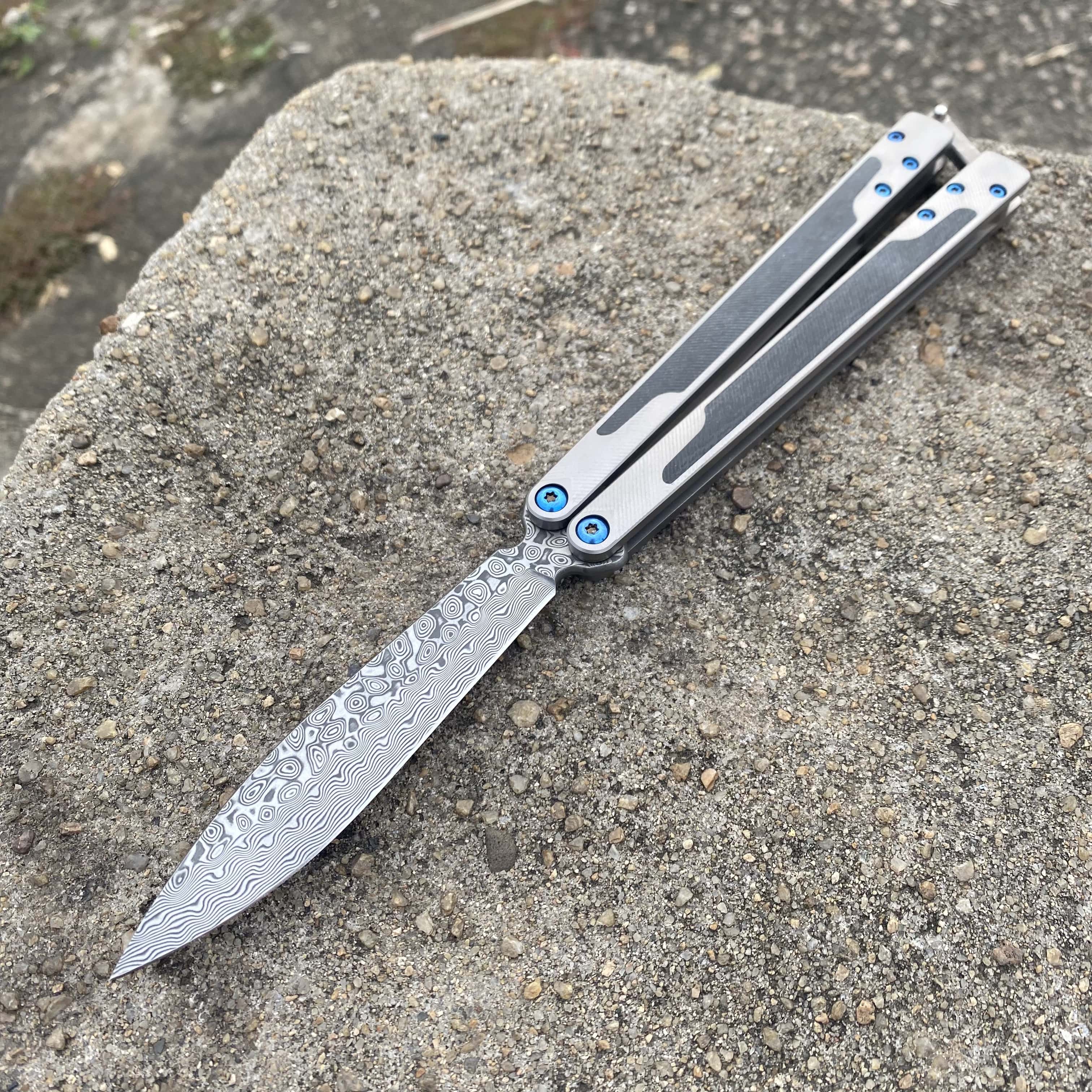 DB-29 Damascus Balisong Butterfly Knife with Beautiful Wooden Handle