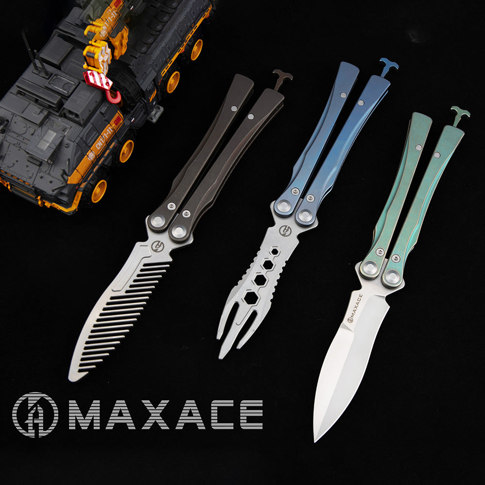 Maxace Knives Loran Butterfly Knife Satin Dagger Blade w/ Titanium