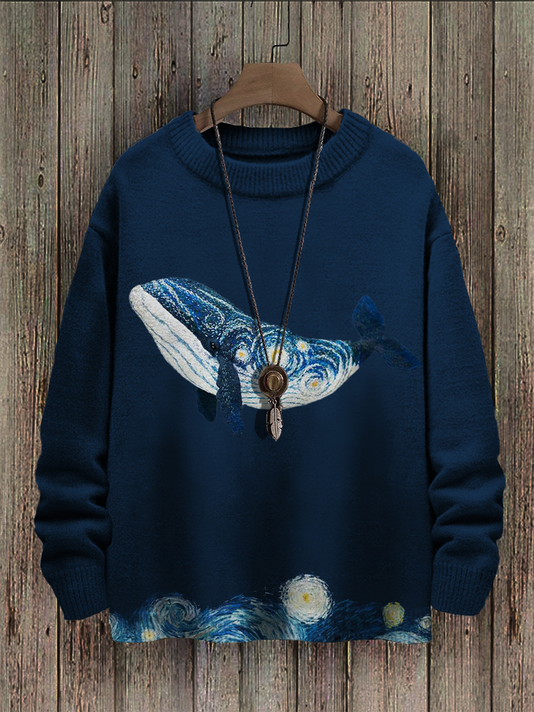 Starry Night Inspired Whale Embroidery Art Cozy Sweater