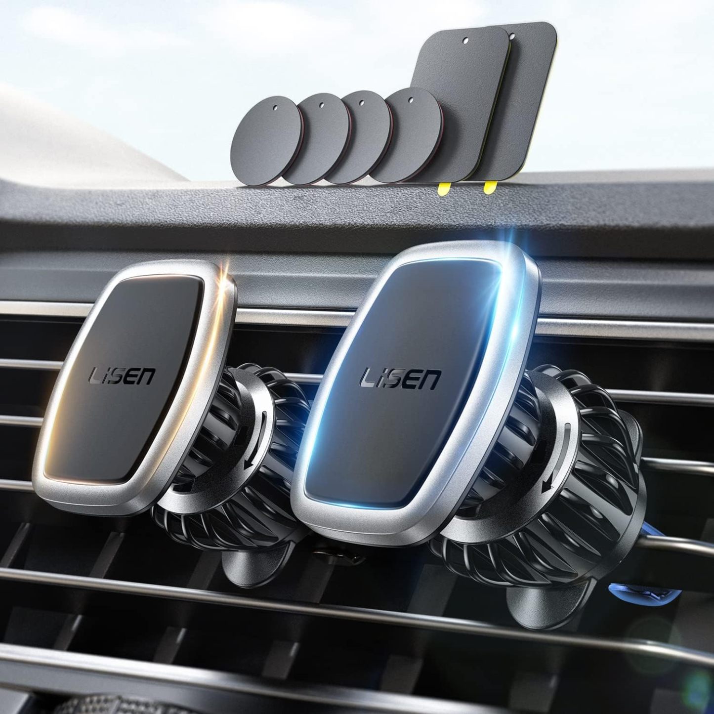 2 Pack Magnetic Phone Holder for Car Vent, [6 Strong Magnets] Magnetic Car Mount, Hands Free Air Vent Cell Phone Holder Mount for Car, Fit 4-11in iPhone 13 Pro Max,13 Pro, All Phones Sliver
