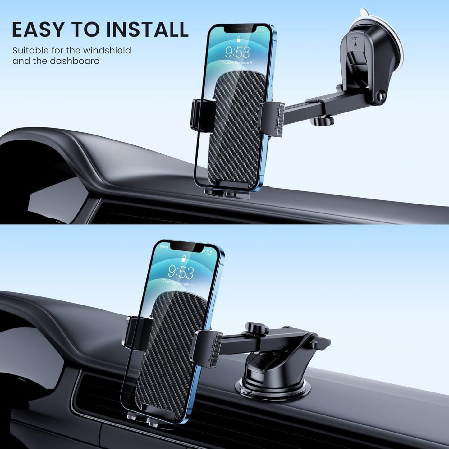 Car Phone Holder Mount Phone Mount for Car Windshield Dashboard Air Vent Universal Hands Free Automobile Cell Phone Holder Fit for iPhone Smartphone Carbon Fiber