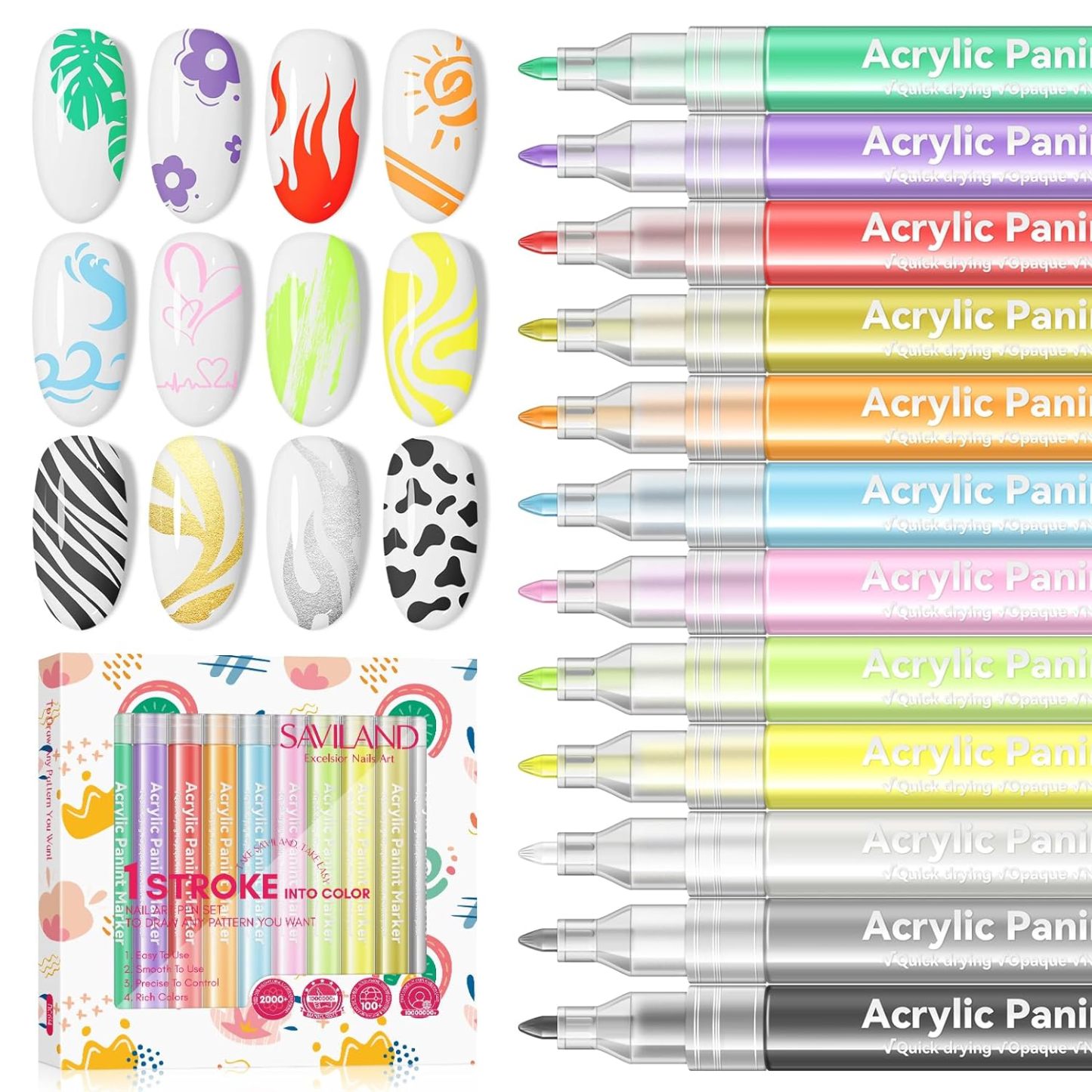 12 Colors Nail Art Pens Set - 3D Nail Polish Pens Graffiti Nail Dottin