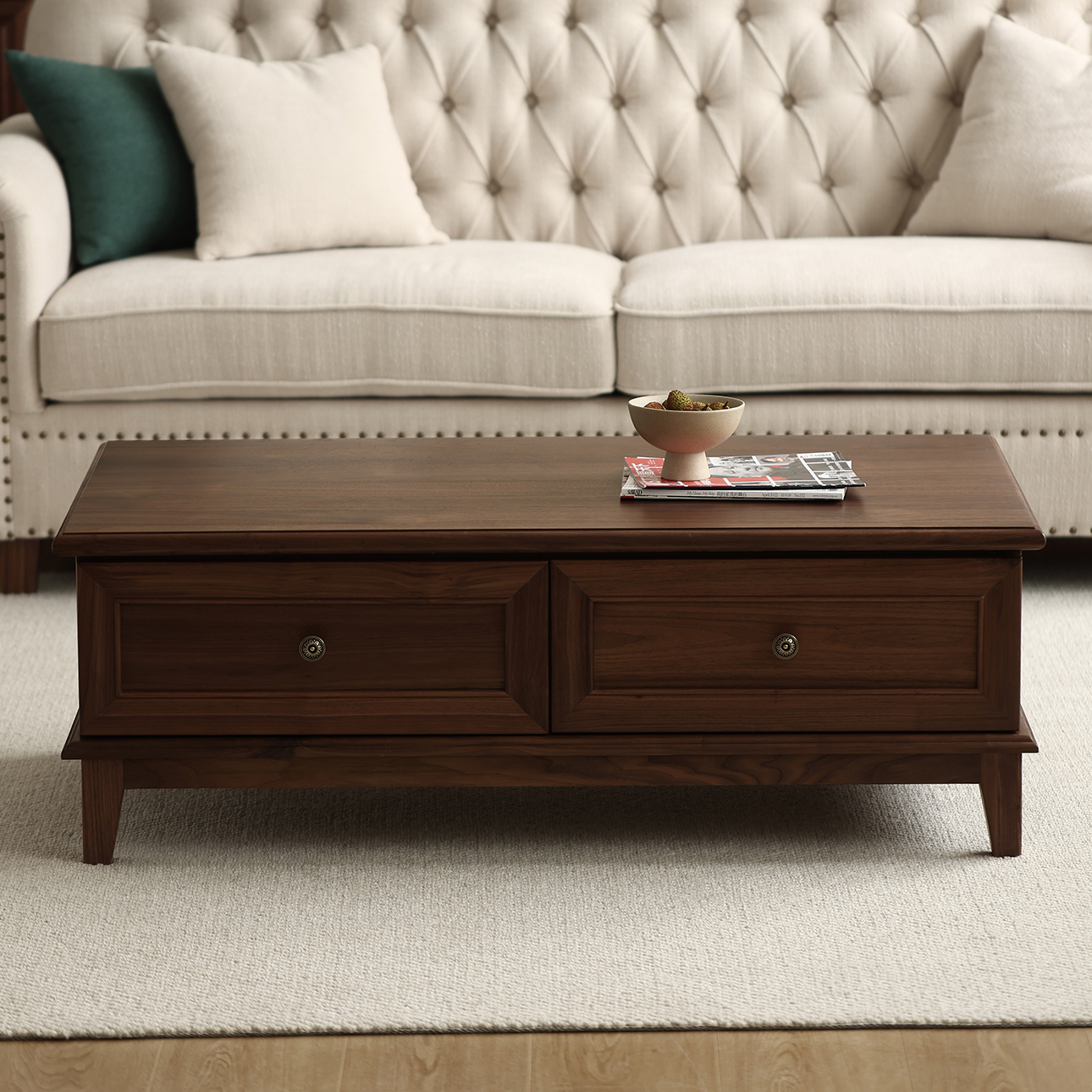 Aoseno Solid Wood Coffee Table with Drawers | Retro-Style-Afurnitek