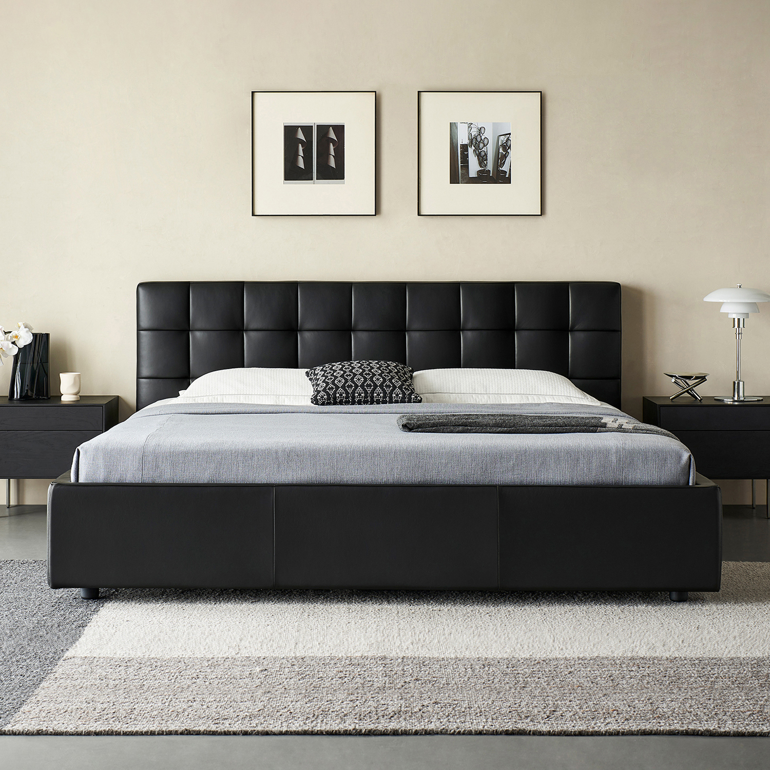 Lenos Modern Bedroom Black Nappa Leather Bed Frames