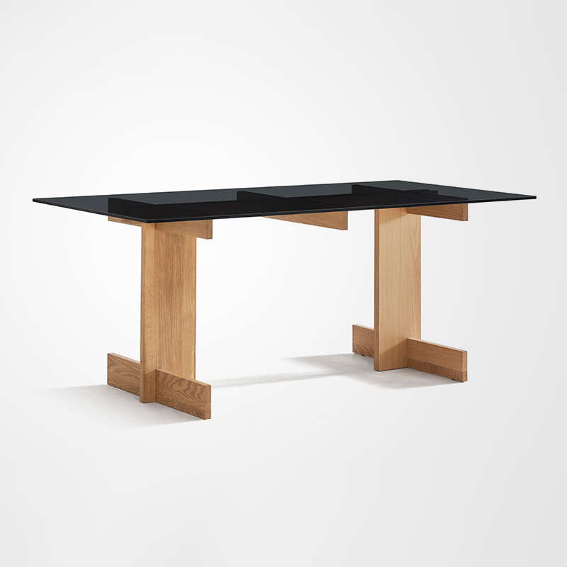 Everos Minimalist Oak Kitchen Table Set Black Tempered Glass Dining Table