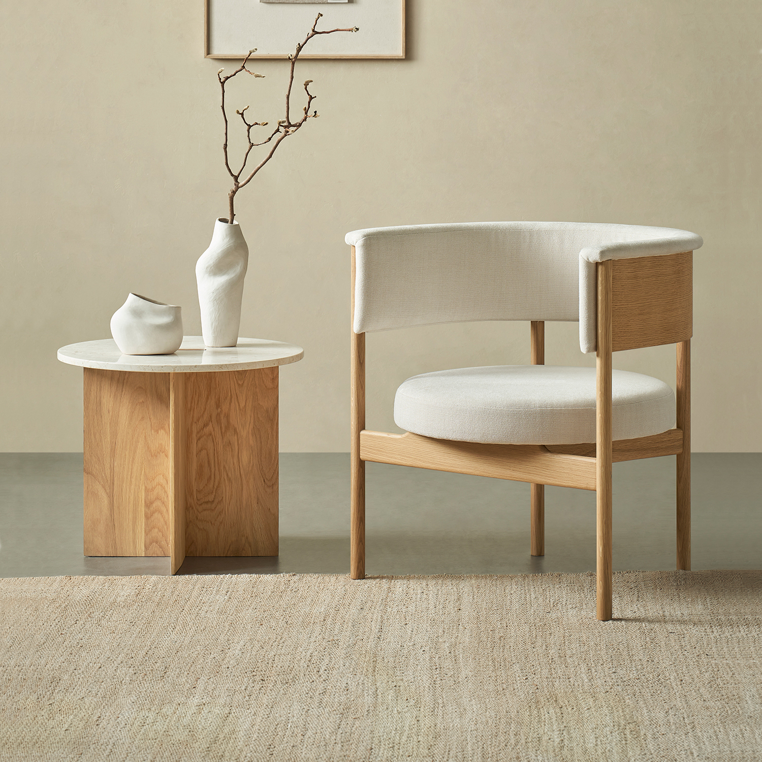 Everos Modern Lounge Chair Oak Frame Fabric Armchair