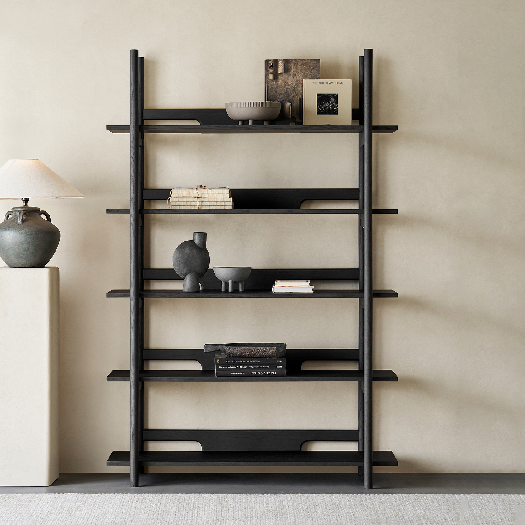 Hiros Minimalist Display Shelves Office Bookshelf Oak Bookcase Black