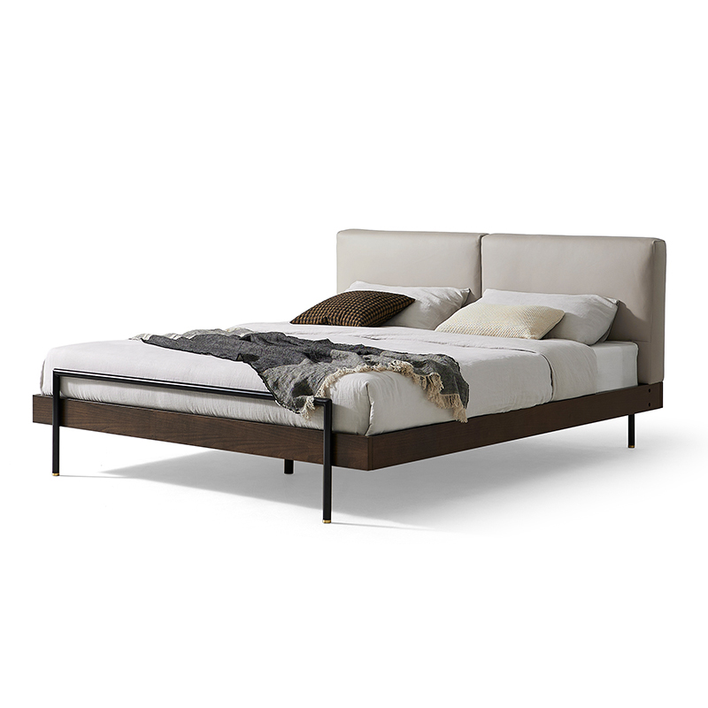 Truros Minimalist Leather Bed Solid Wood King Bed Frame Beige