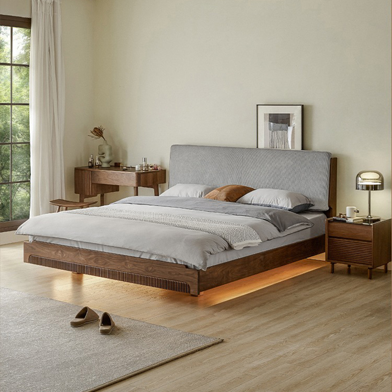 Modern Solid Wood Floating Bed Frame with LED Lights-Afurnitek
