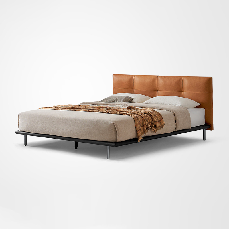 Arlos Minimalist Camel Brown Leather Beds King Size Oak Black Platform Bed Frame