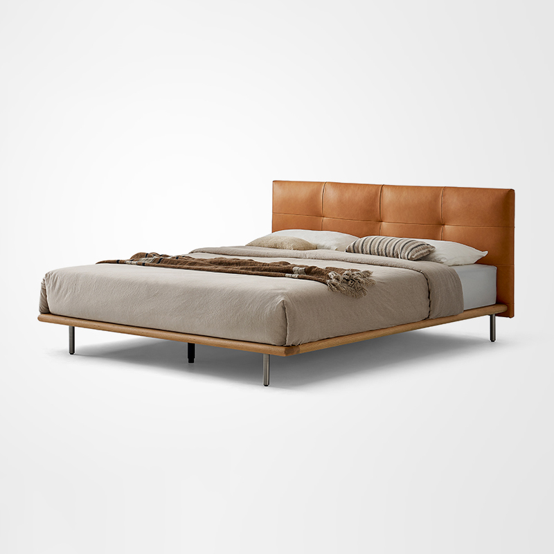 Arlos Scandinavia Modern Leather Bed Queen Size Solid Wood Bed Frame