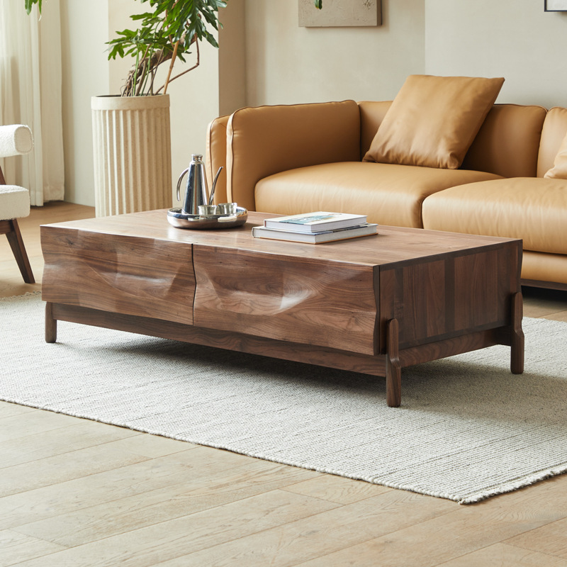 Wavy 55" Solid Wood Walnut Coffee Table with Drawers-Afurnitek