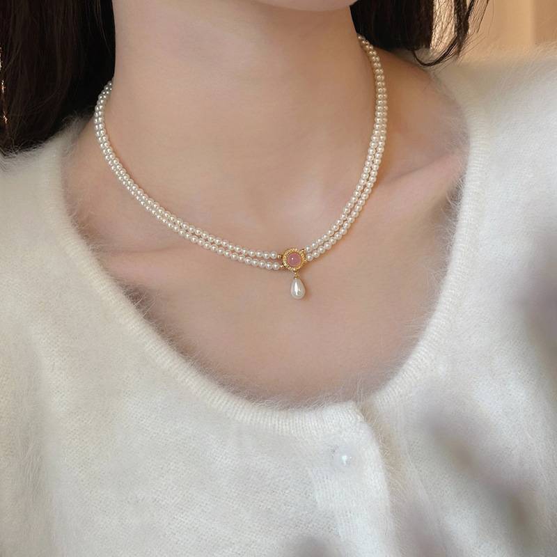 Gemstone Drop Pendant Double Pearl Necklace