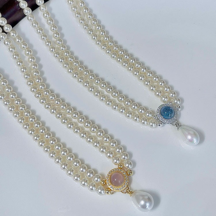 Gemstone Drop Pendant Double Pearl Necklace