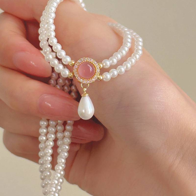 Gemstone Drop Pendant Double Pearl Necklace