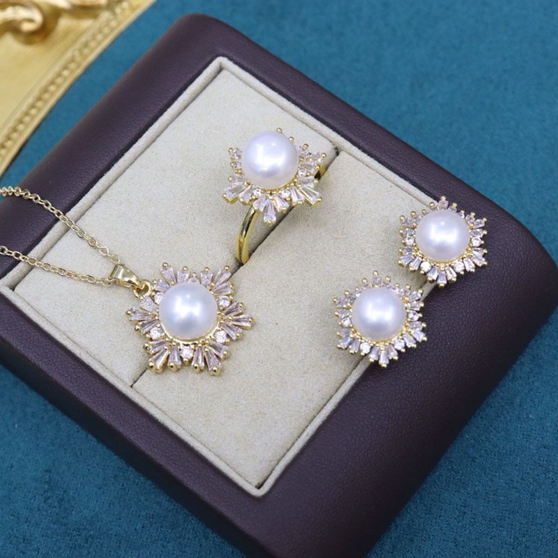 Black Green Real Pearl Jewelry Set in 6 Colors | Snowflakes Pearl Earrings Pearl Ring and Pearl Pendant | AAA Pearl Diamond Set for Women